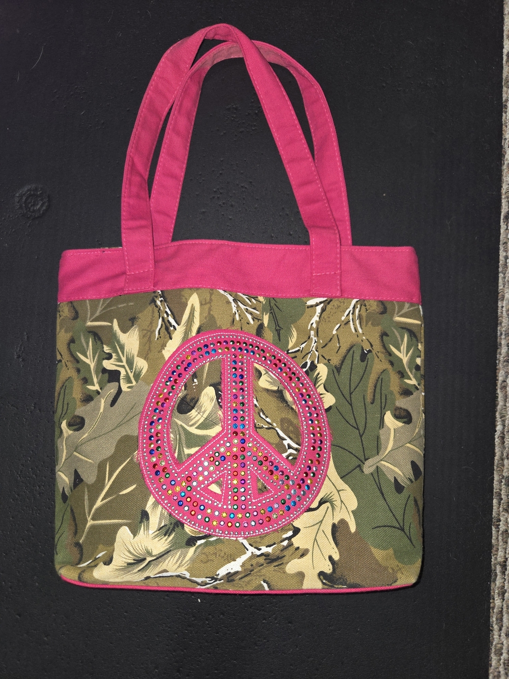 Women's Camo Tote with Pink Peace Sign Accent